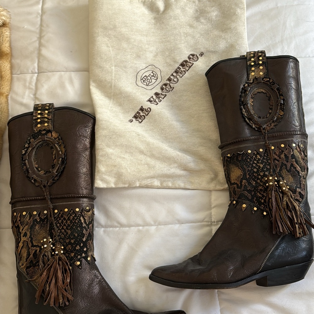 Brown tooled Leather Western Boots with tassels